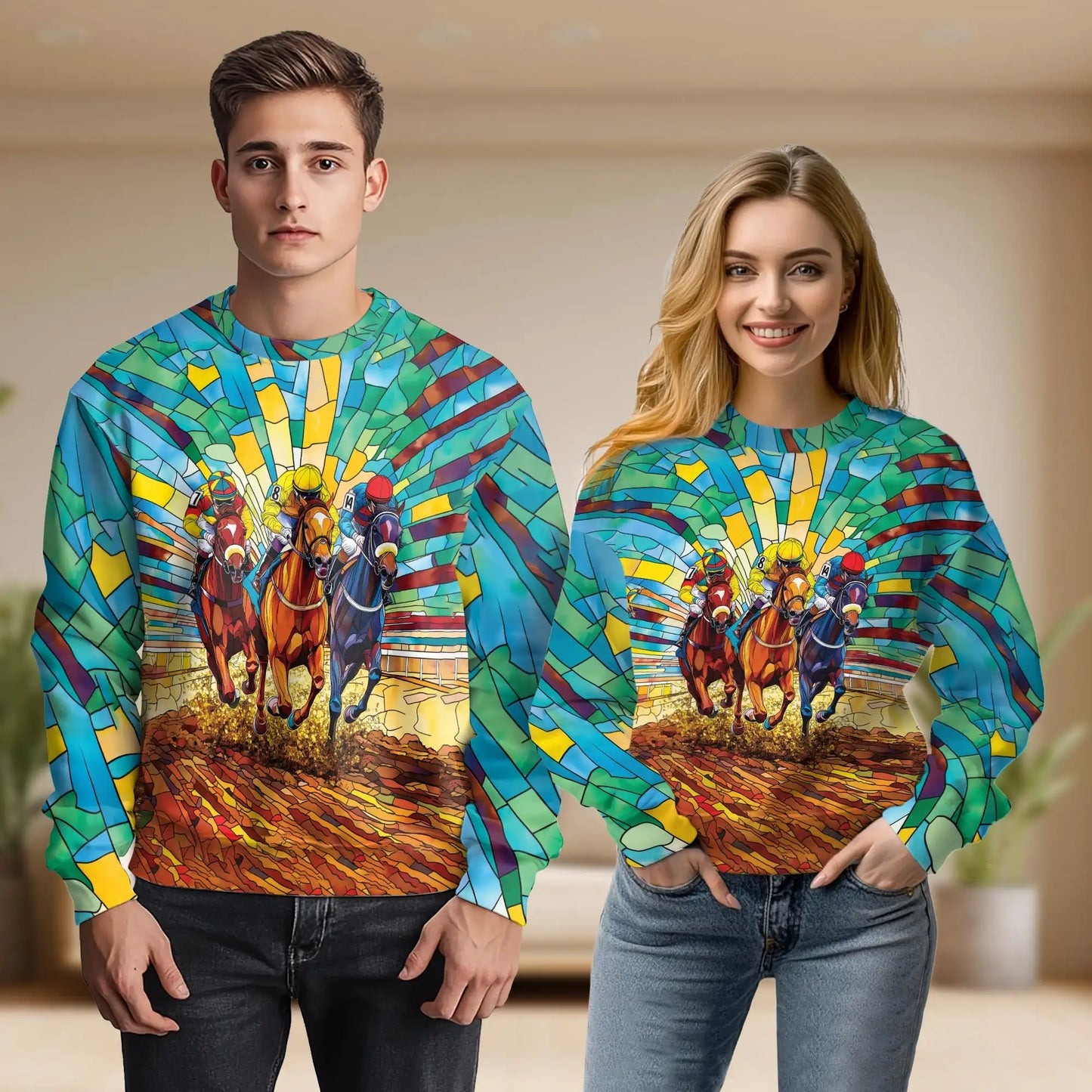 Faux Stained Glass Horse Jockey Sweatshirt, 3D All Over Print Equestrian Racing Art Crewneck Pullover for Men Women, Horse Racing Lover Gift - Netecom