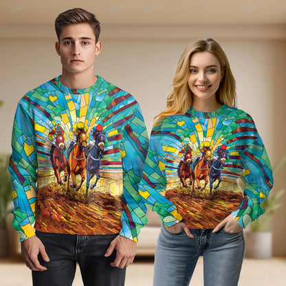 Faux Stained Glass Horse Jockey Sweatshirt, 3D All Over Print Equestrian Racing Art Crewneck Pullover for Men Women, Horse Racing Lover Gift - Netecom
