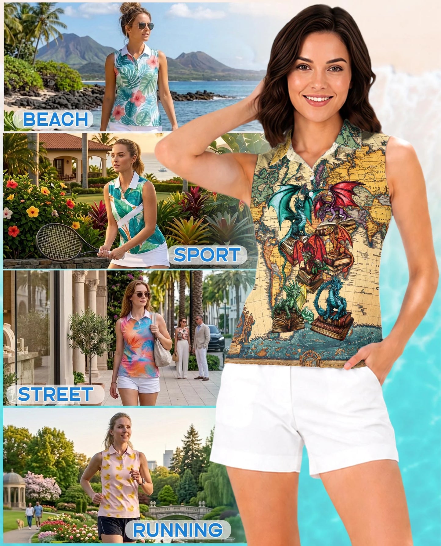 Books Dragon Sleeveless Polo Shirt for Women | Netecom