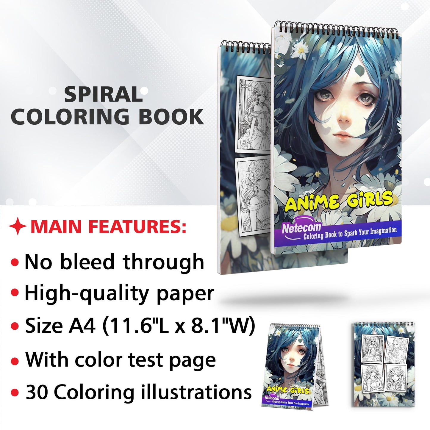 Anime Girls Spiral Bound Coloring Book,  Experience 30 Charming Coloring Pages, Celebrating Cute and Lively Anime Girls in Playful Scenes