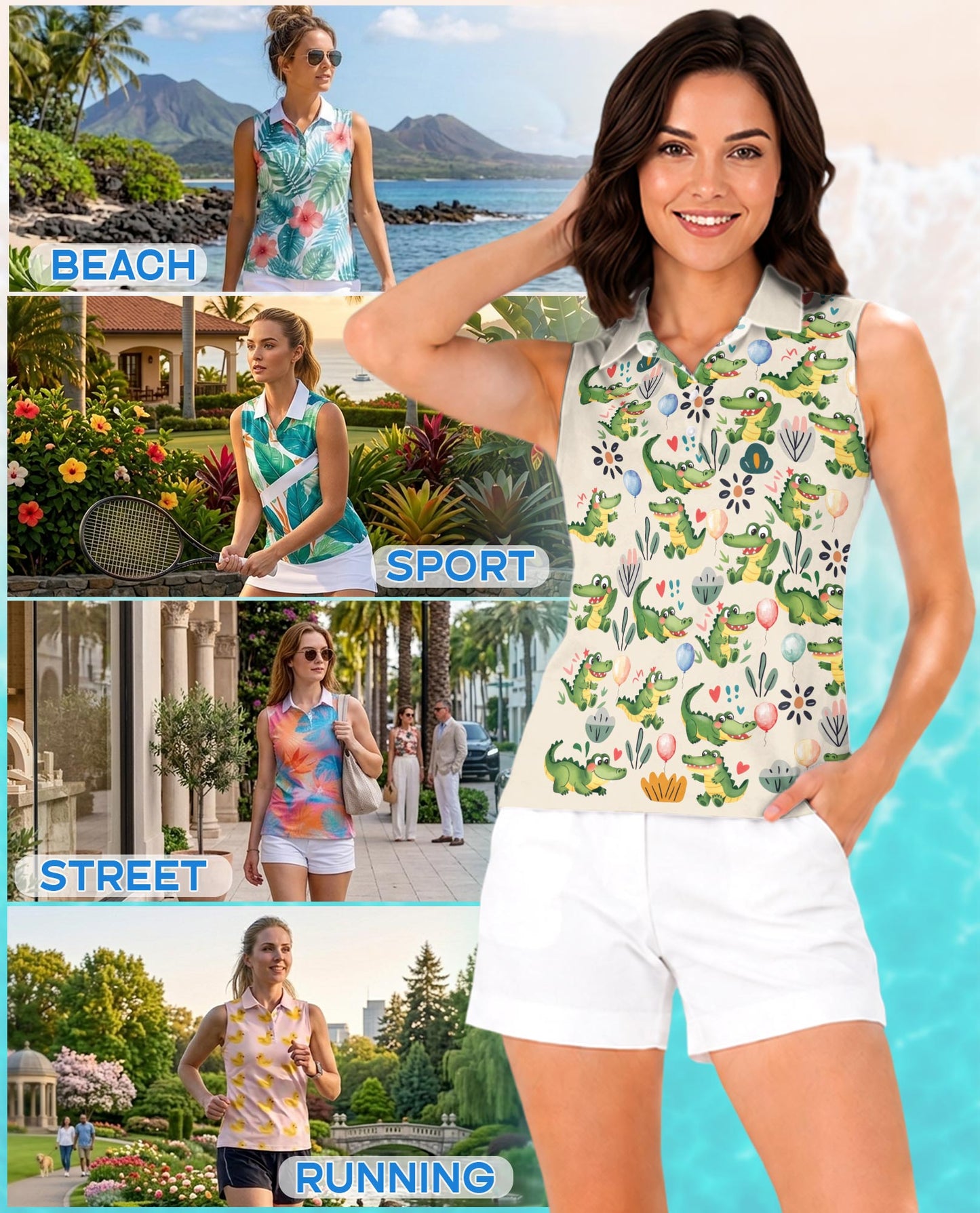 Alligator Pattern Sleeveless Polo Shirt for Women | Netecom
