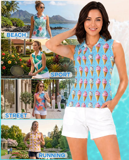 Ice Cream Pattern Sleeveless Polo Shirt for Women | Netecom