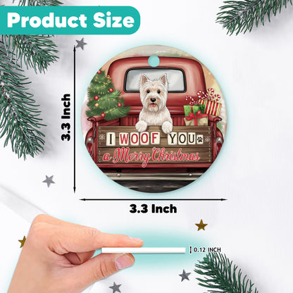 Netecom Cute Westie Puppy in Holiday Truck Ornament, I Woof You a Merry Christmas Ceramic Ornament for Christmas Tree Hanging Decorations Gift, Pet Lover Gifts, Holiday Decor Present