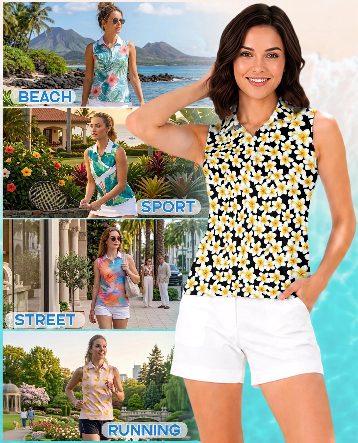Yellow Plumeria Sleeveless Polo Shirt for Women | Netecom
