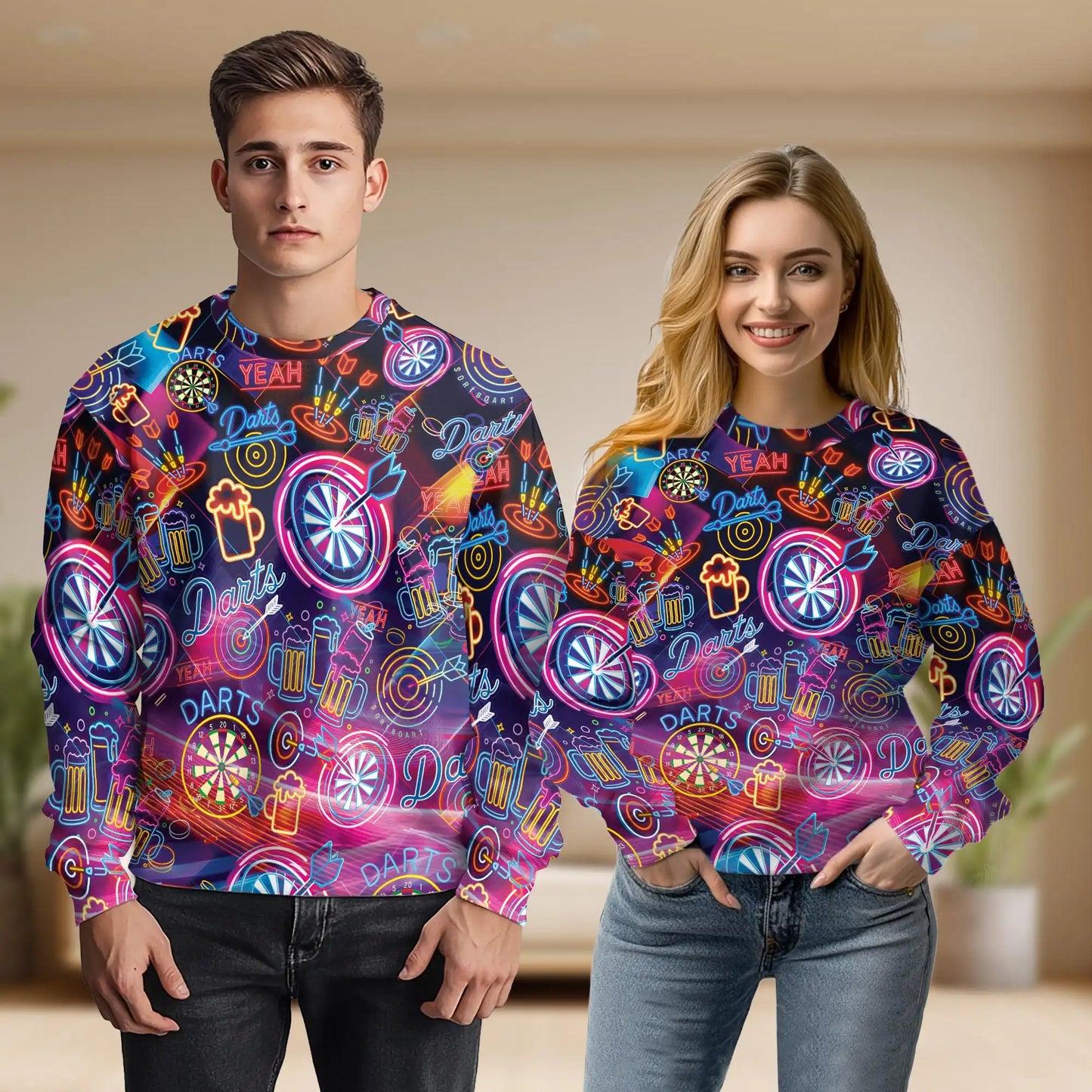 Colorful Darts Beer Neon Sweatshirt, 3D All Over Print Pub Game Crewneck Pullover for Men Women, Darts Lover Gift - Netecom