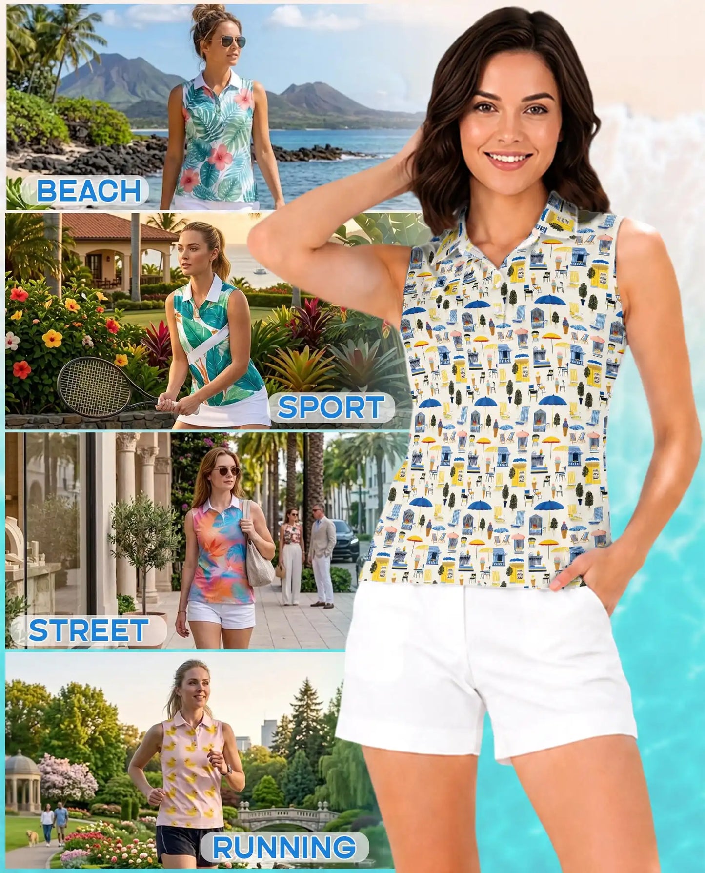Coastal Beach Scene Pattern Sleeveless Polo Shirt for Women  | Netecom