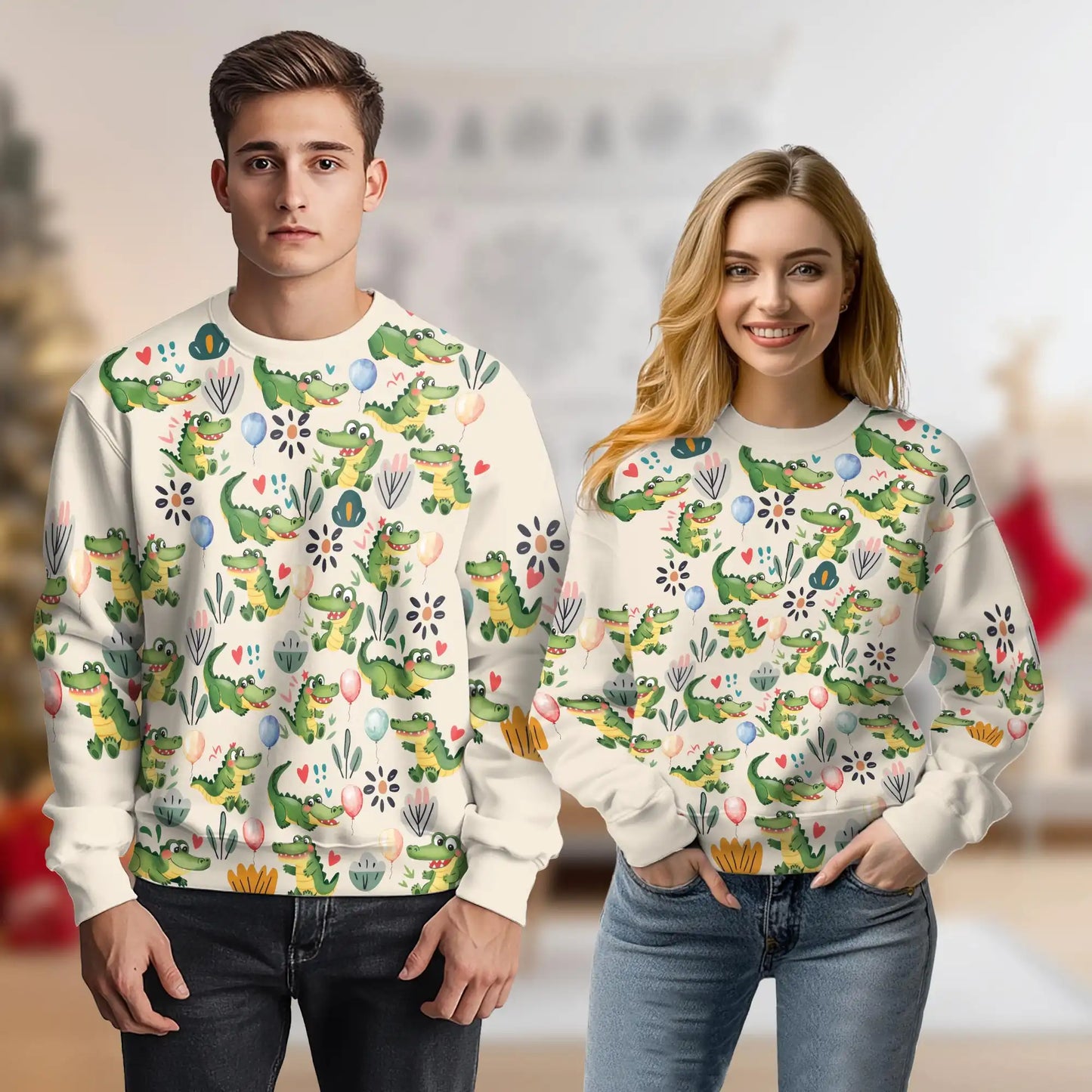 Alligator Pattern Sweatshirt, 3D All Over Print Reptile Crewneck Pullover for Men Women, Alligator Lover Gift - Netecom