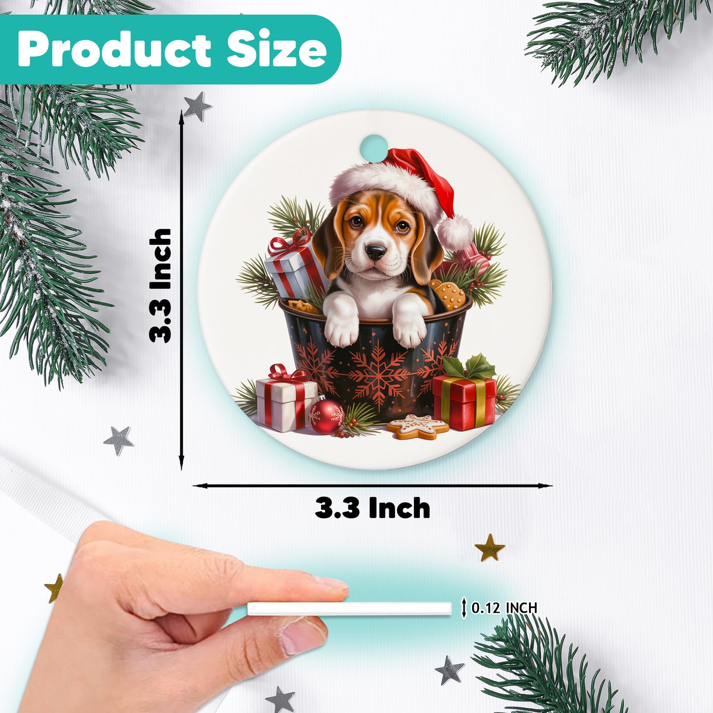 Netecom Cute Beagle in Bucket Ornament, Dog with Santa Hat Ceramic Ornament for Christmas Tree Hanging Decorations Gift, Puppy Lover Gifts, Home Decor, Holiday Party Present