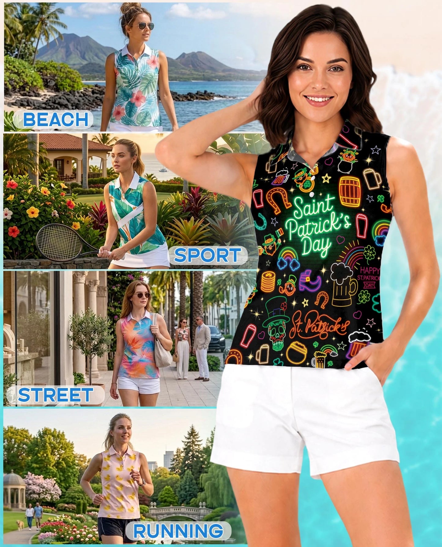 Saint Patrick's Day Neon Sleeveless Polo Shirt for Women | Netecom