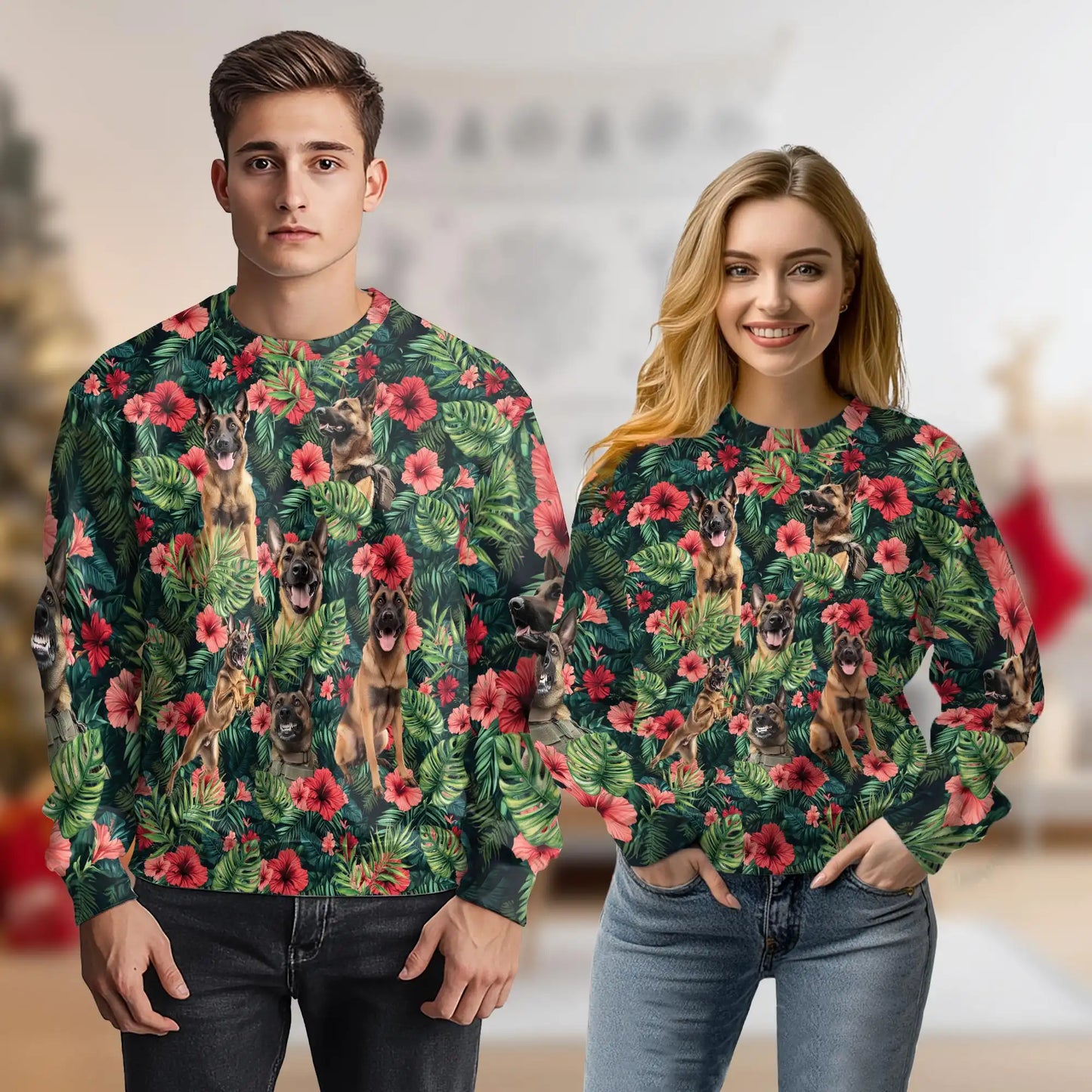 German Shepherd Tropical Sweatshirt, 3D All Over Print Beach Dog Crewneck Pullover for Men Women, German Shepherd Lover Gift - Netecom