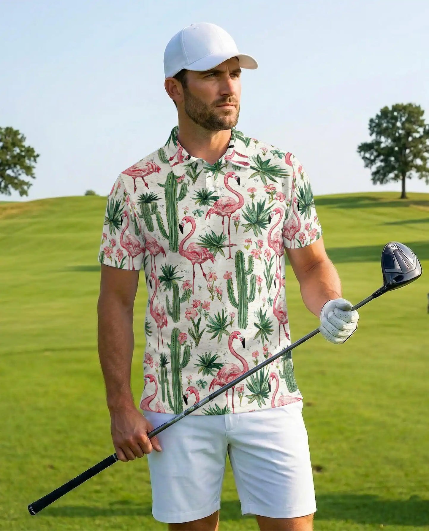 Pink Flamingo Cactus Polo Shirt - Tropical Desert Garden Style | Netecom