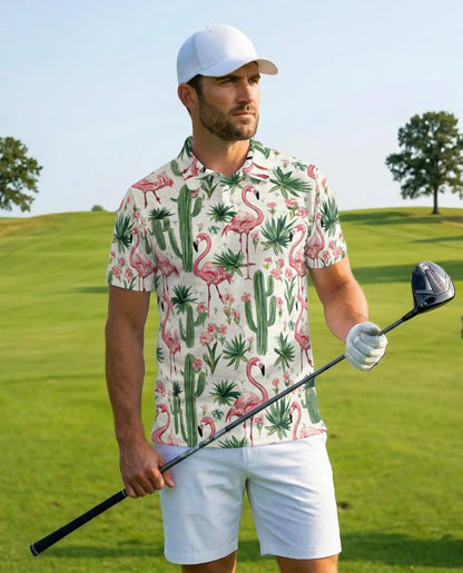 Pink Flamingo Cactus Polo Shirt - Tropical Desert Garden Style | Netecom