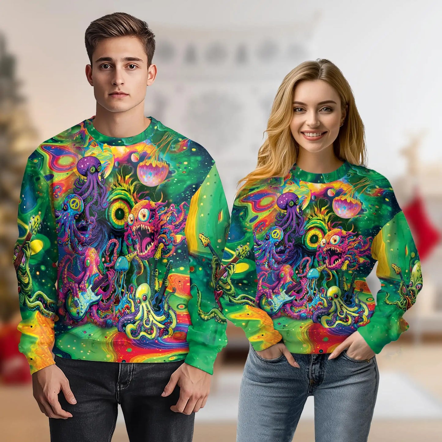 Hippie Octopus Guitar Sweatshirt, 3D All Over Print Psychedelic Ocean Crewneck Pullover for Men Women, Music and Ocean Lover Gift - Netecom