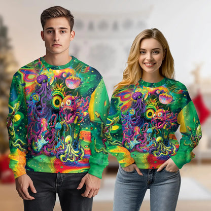 Hippie Octopus Guitar Sweatshirt, 3D All Over Print Psychedelic Ocean Crewneck Pullover for Men Women, Music and Ocean Lover Gift - Netecom