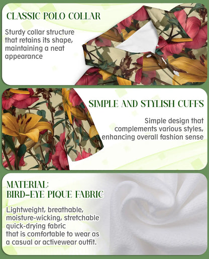 Vintage Lily Garden Floral Polo Shirt-Botanical Flower Pattern Design | Netecom