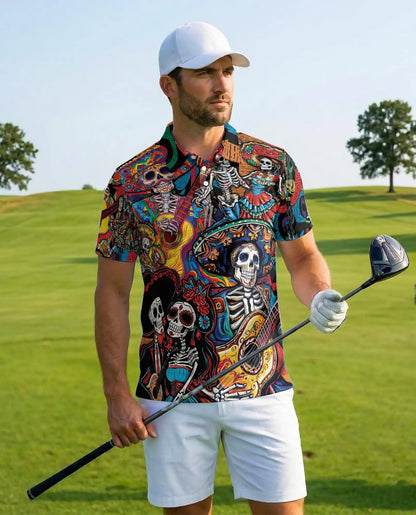 Colorful Skeleton Guitar Polo Shirt for Men – Musical Skull Design | Netecom