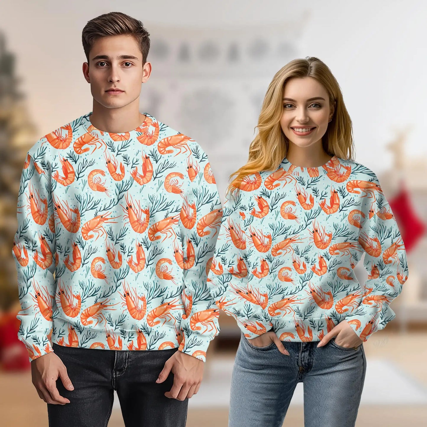 Shrimp Print Sweatshirt, 3D All Over Print Seafood Ocean Crewneck Pullover for Men Women, Shrimp Lover Gift - Netecom