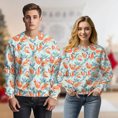 Shrimp Print Sweatshirt, 3D All Over Print Seafood Ocean Crewneck Pullover for Men Women, Shrimp Lover Gift - Netecom