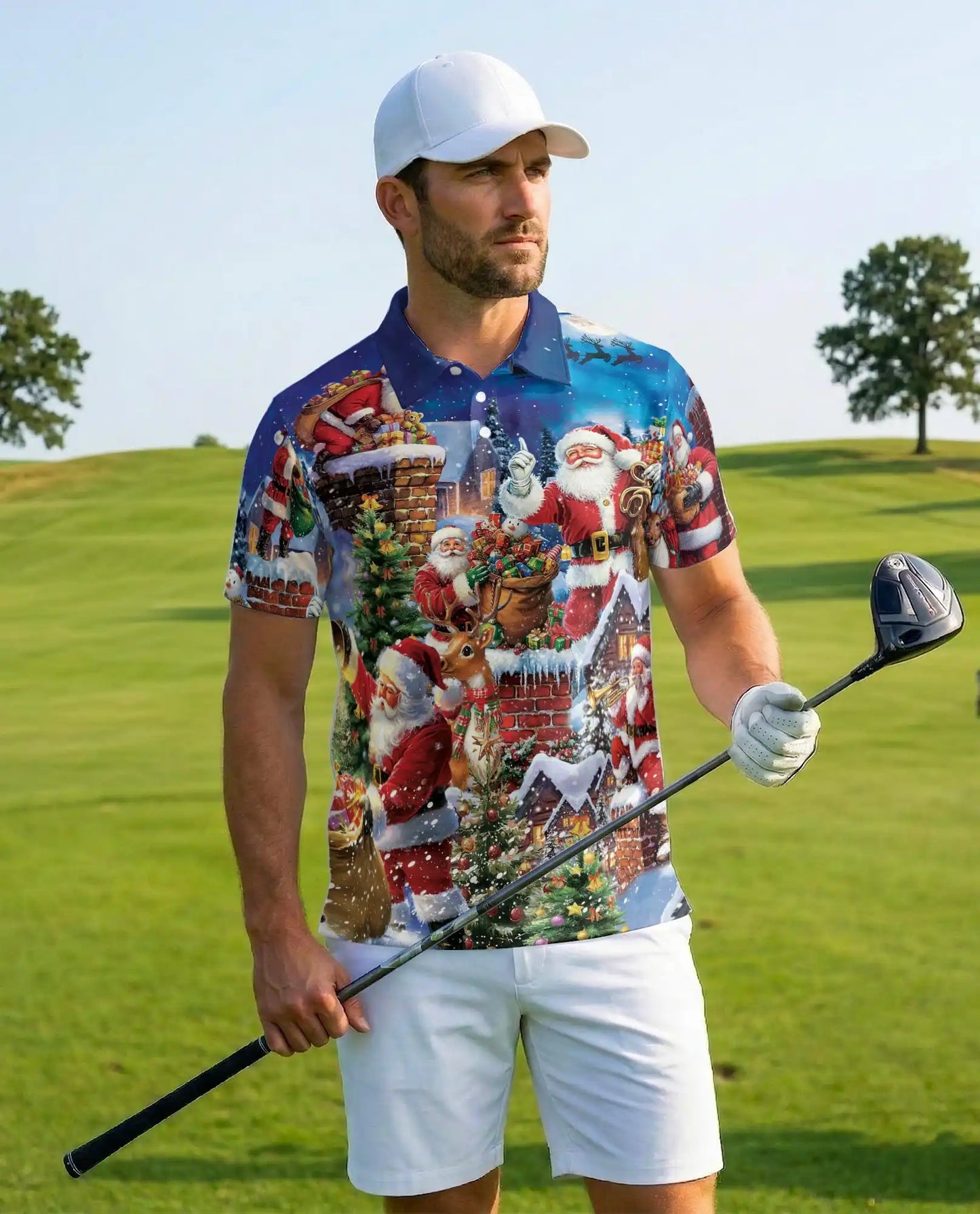 Santa Claus Christmas Village 3D Polo Shirt for Men – Festive Holiday Style | Netecom
