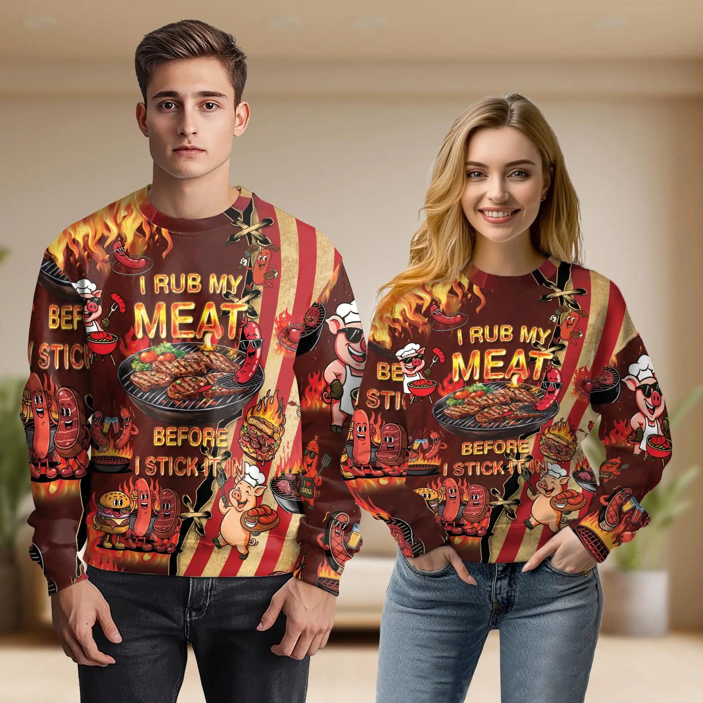 Funny BBQ Grilling Pig Sweatshirt, 3D All Over Print Barbecue Crewneck Pullover for Men Women, BBQ Lover Gift - Netecom