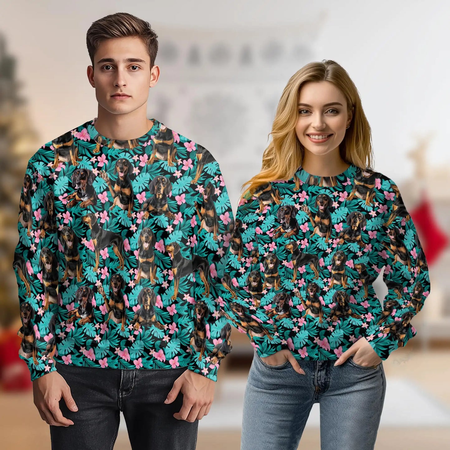 Black and Tan Coonhound Tropical Sweatshirt, 3D All Over Print Tropical Dog Crewneck Pullover for Men Women, Coonhound Lover Gift - Netecom