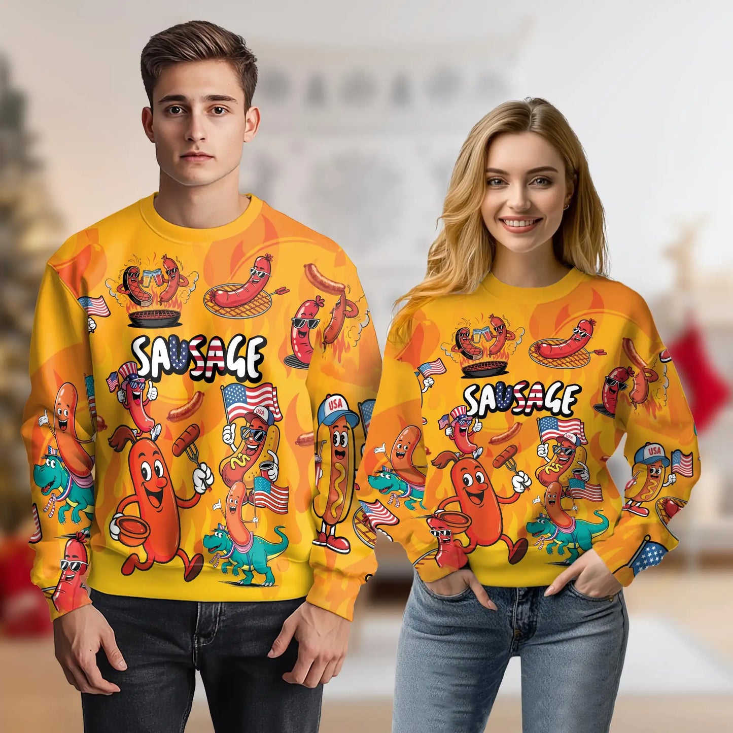 Funny Sausage Sweatshirt, 3D All Over Print Cute Food Crewneck Pullover for Men Women, Sausage Lover Gift - Netecom