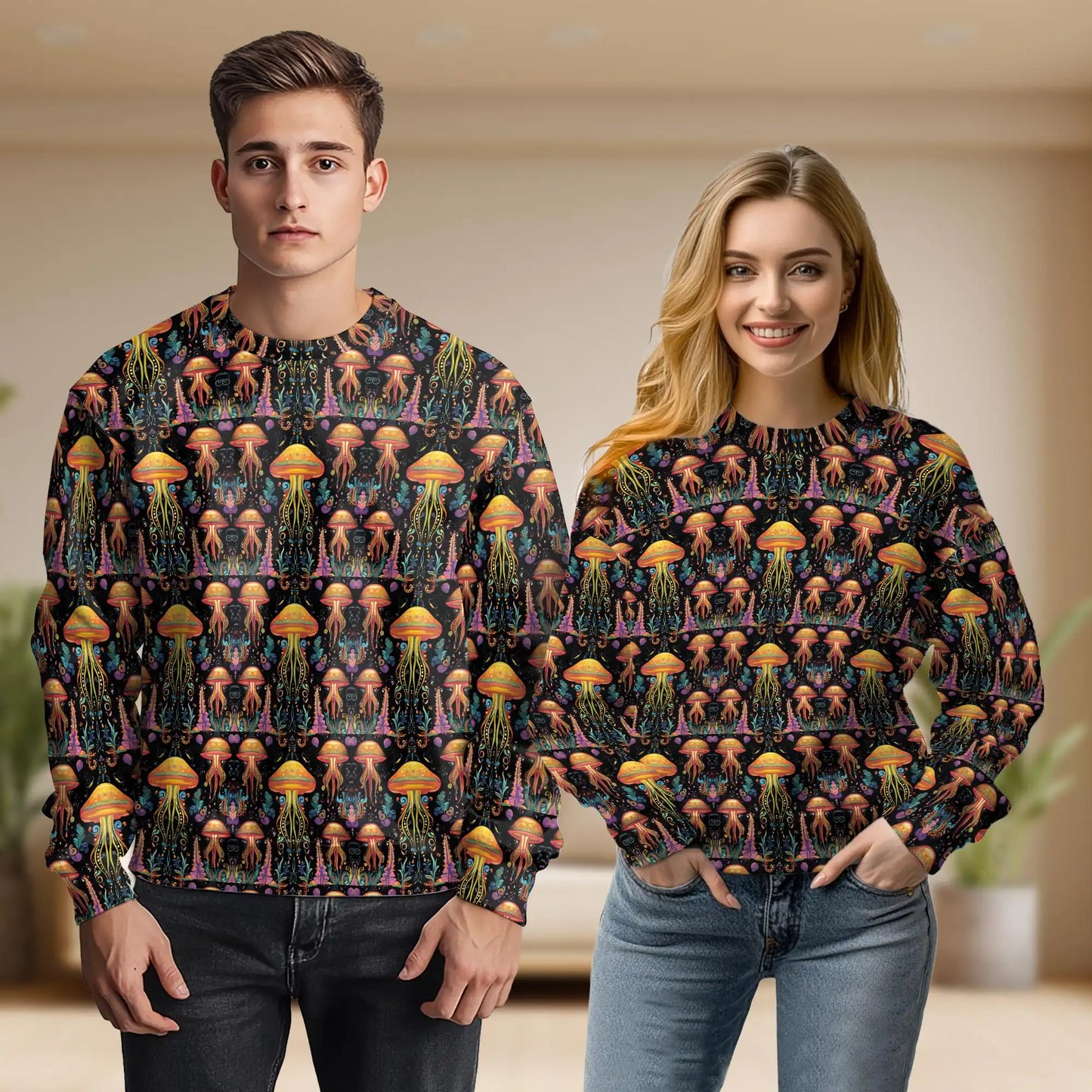 Hippie Jellyfish Sweatshirt, 3D All Over Print Psychedelic Ocean Crewneck Pullover for Men Women, Jellyfish Lover Gift - Netecom