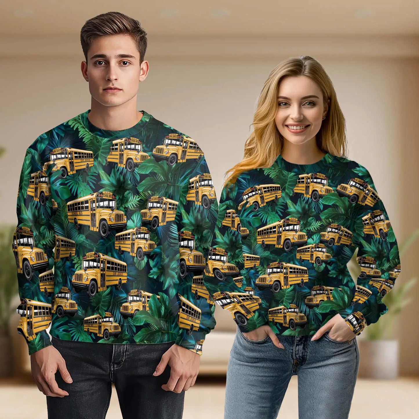School Bus Sweatshirt, 3D All Over Print Yellow Bus Crewneck Pullover for Men Women, School Bus Lover Gift - Netecom
