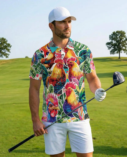 Tropical Rooster Polo Shirt for Men – Colorful Farm Animal Style | Netecom