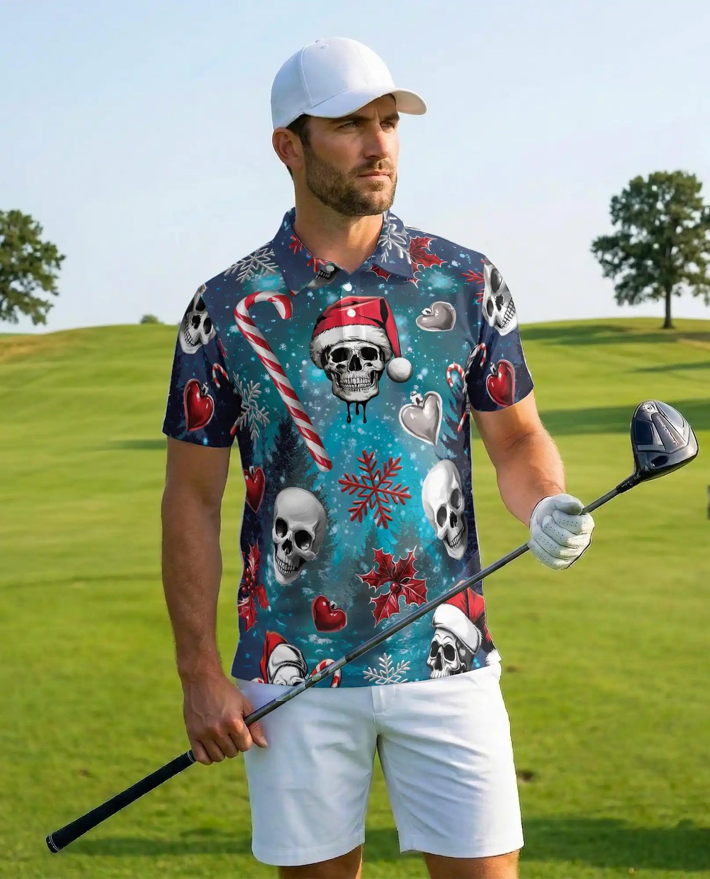 Christmas Skull 3D Polo Shirt for Men – Gothic Holiday Horror Style | Netecom
