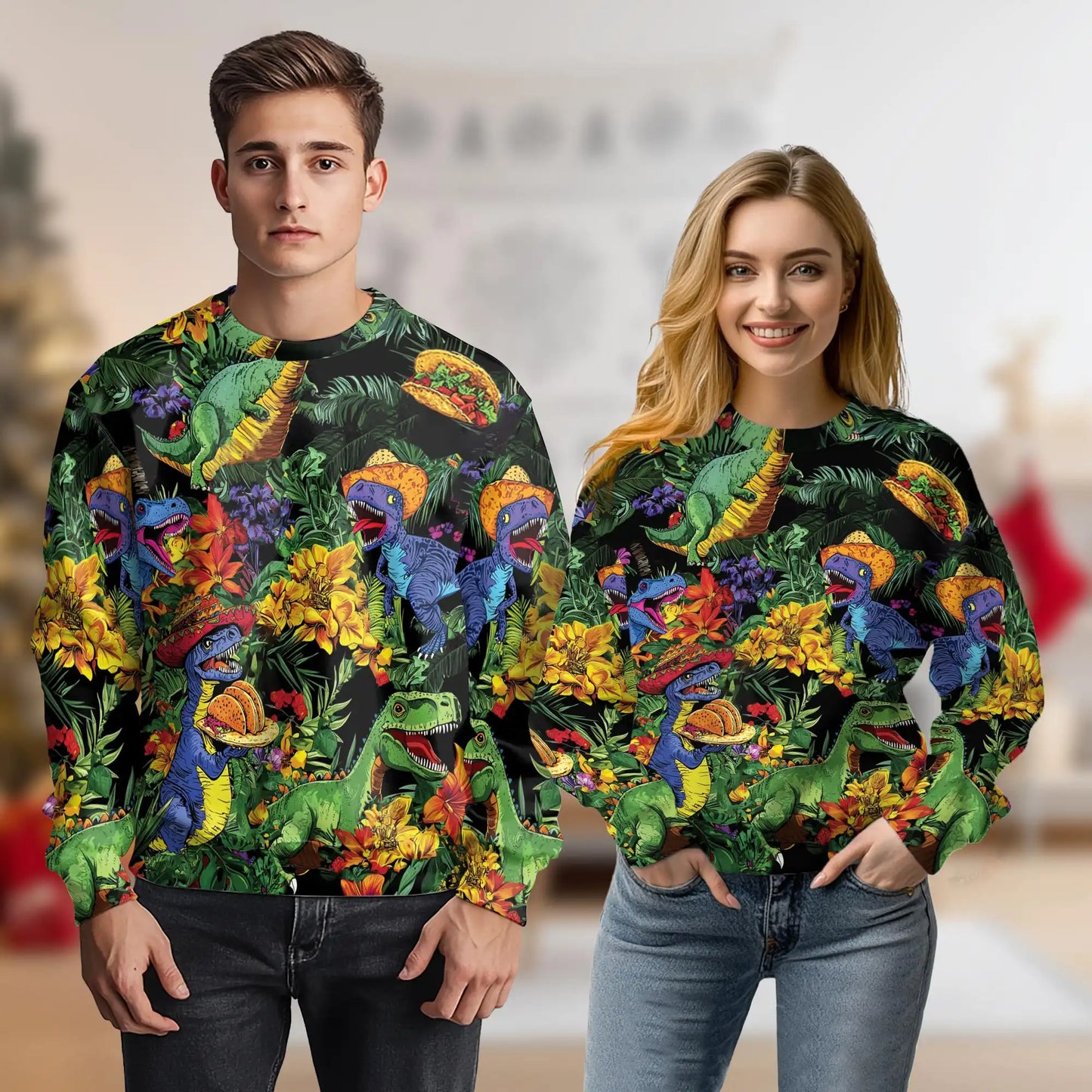 Taco T-Rex Sweatshirt, 3D All Over Print Funny Dinosaur Crewneck Pullover for Men Women, Taco Dinosaur Lover Gift - Netecom