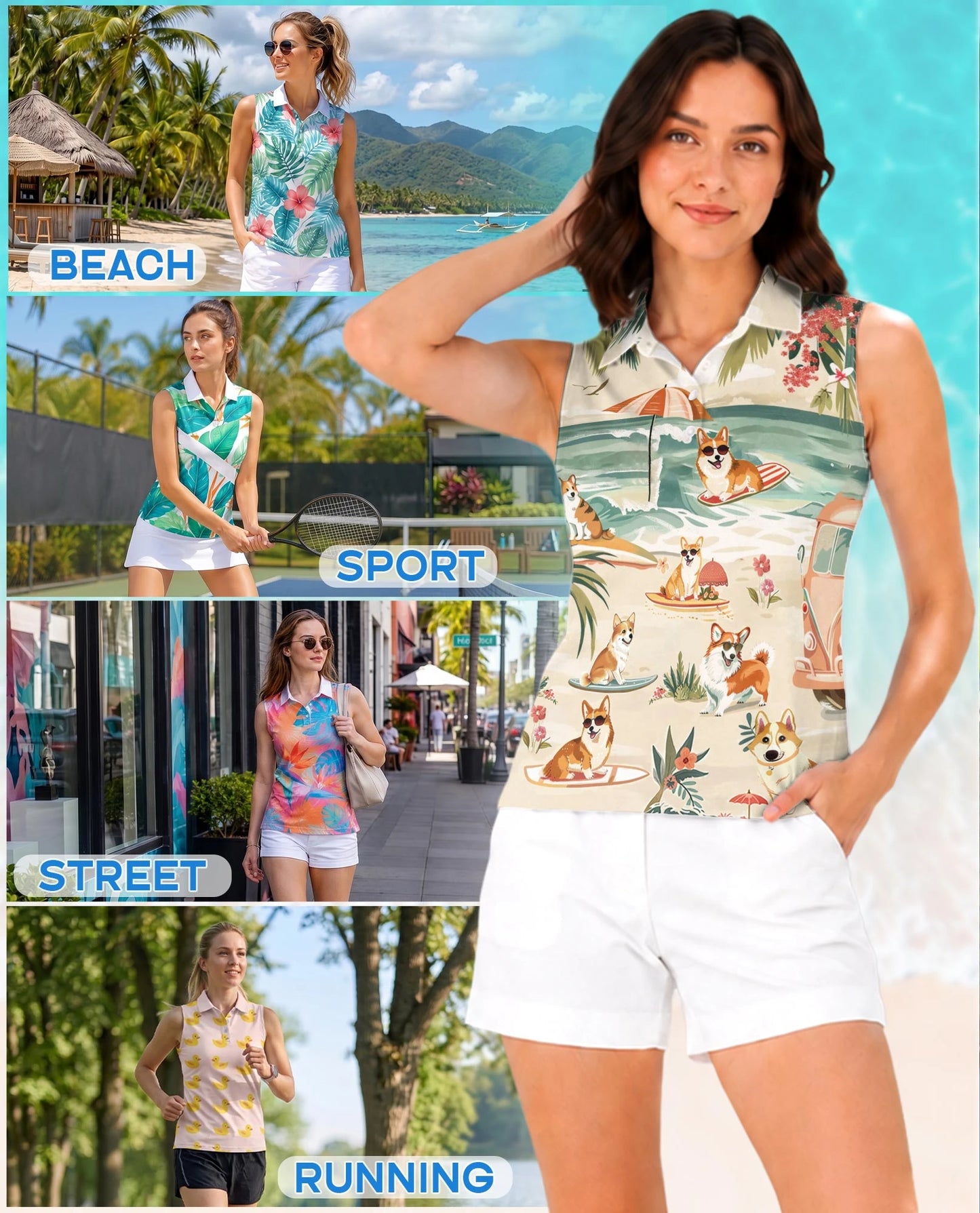 Corgi Summer Beach Sleeveless Polo Shirt for Women | Netecom