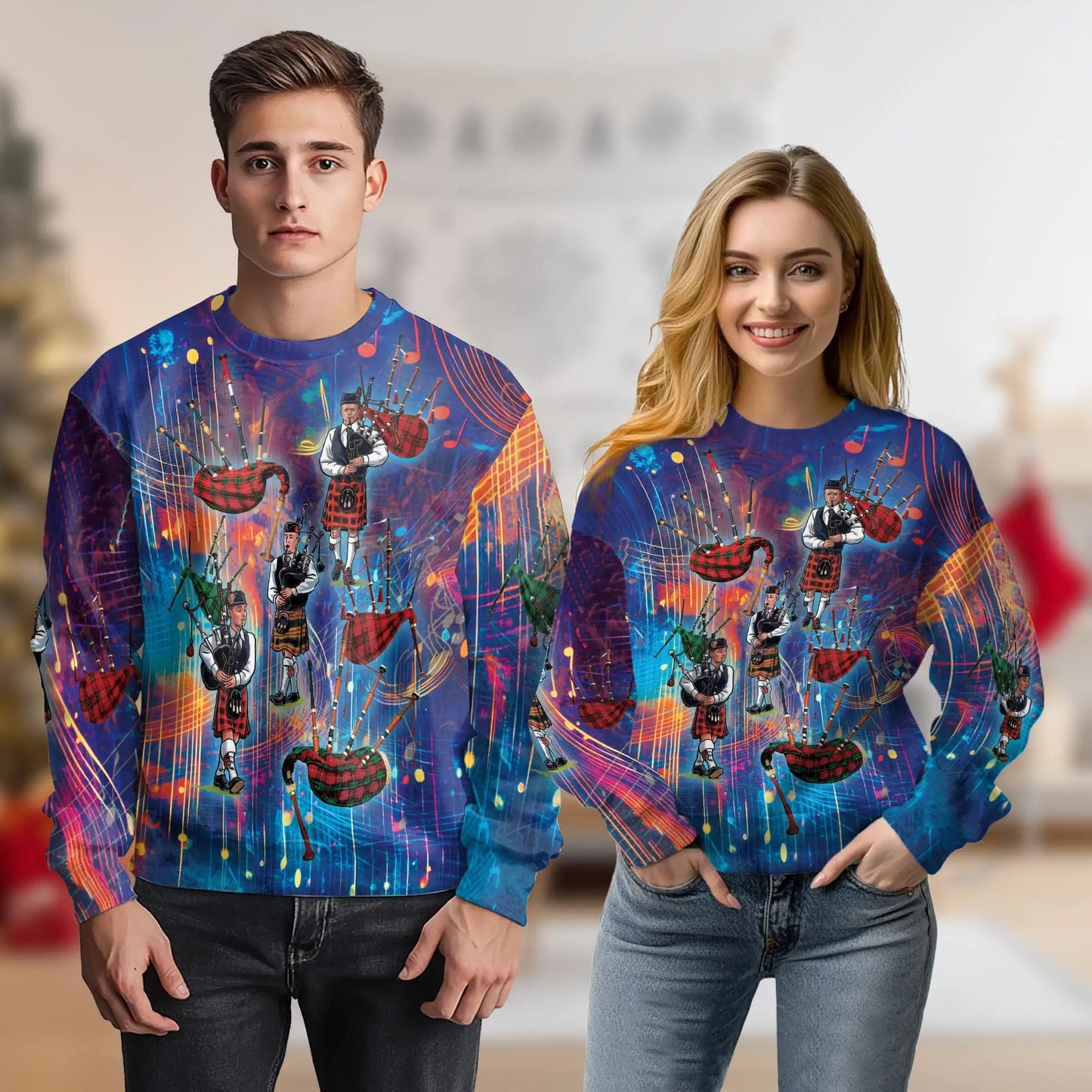 Bagpipes Player Sweatshirt, 3D All Over Print Scottish Music Crewneck Pullover for Men Women, Bagpipe Lover Gift - Netecom