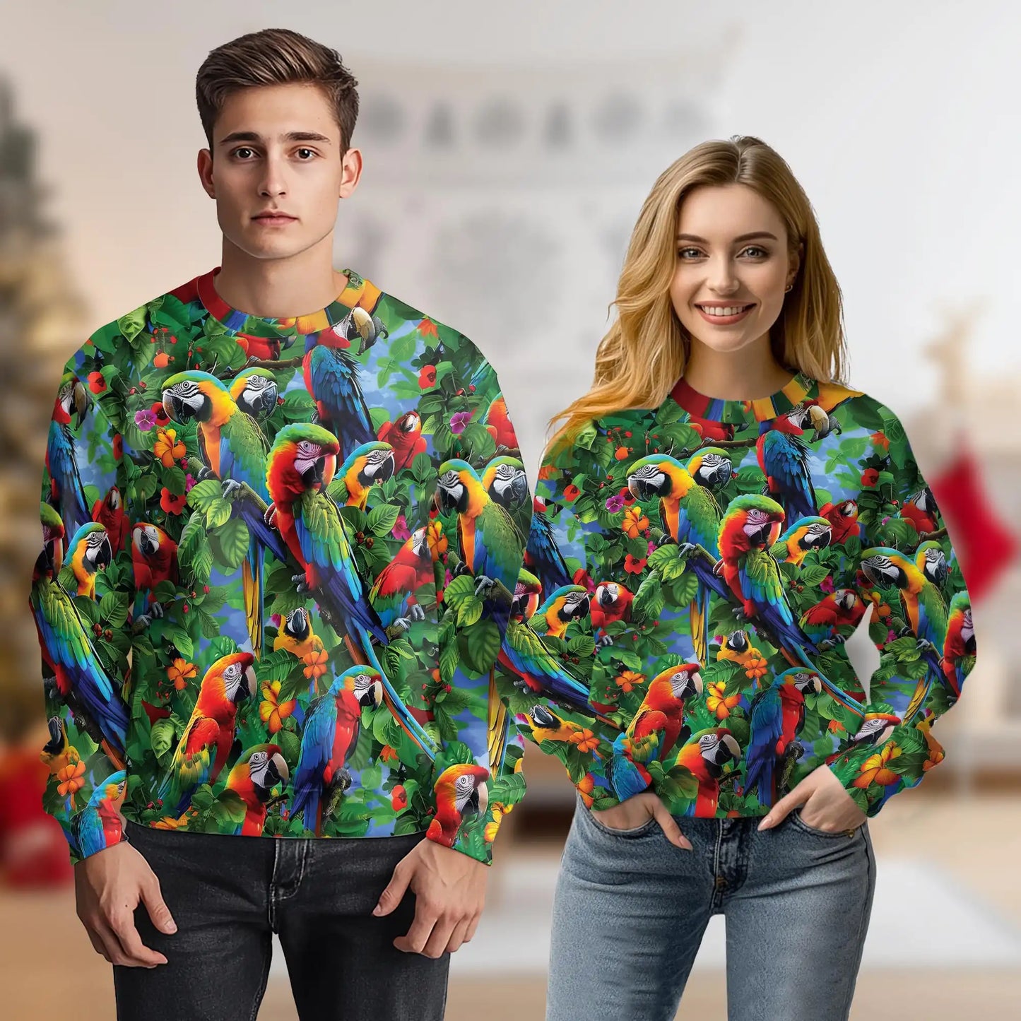 Macaw Parrot Tropical Jungle Sweatshirt, 3D All Over Print Exotic Bird Crewneck Pullover for Men Women, Macaw Lover Gift - Netecom