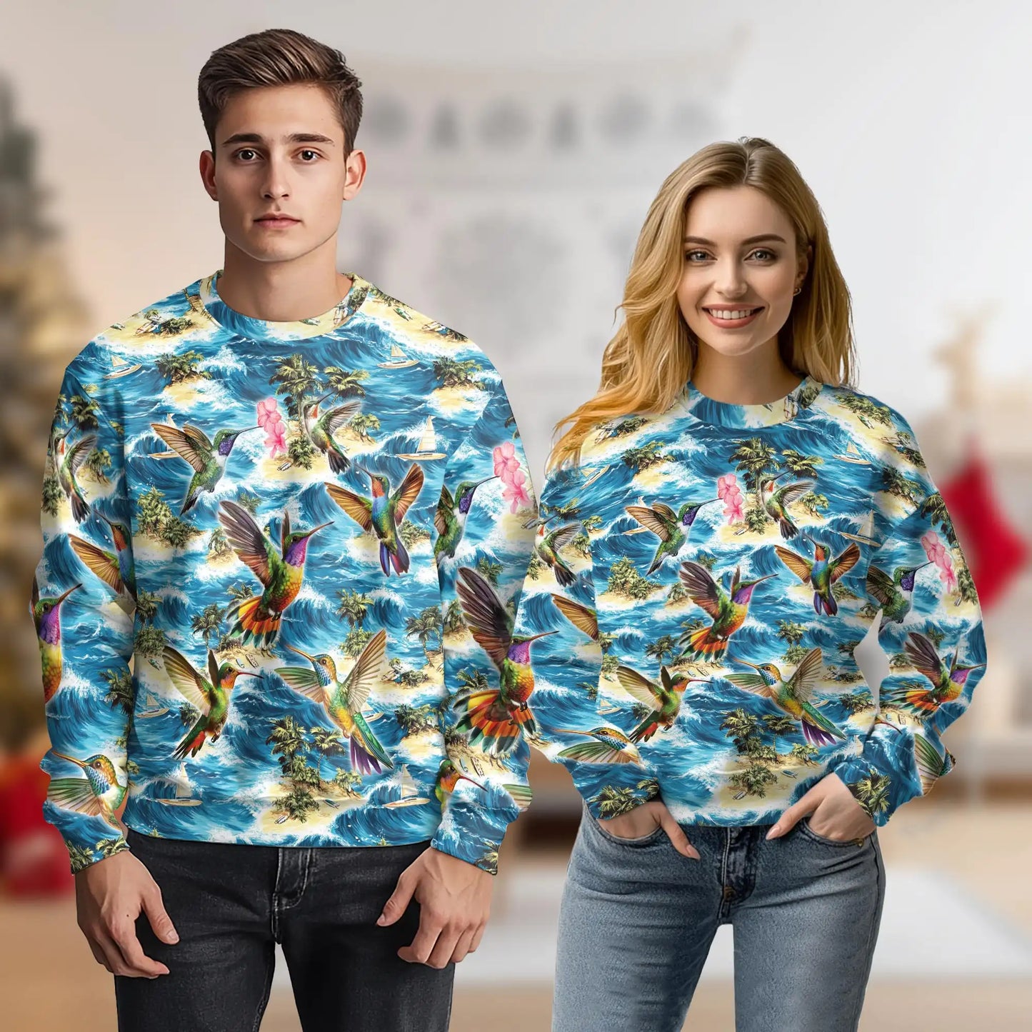 Tropical Beach Waves Hummingbird Sweatshirt, 3D All Over Print Ocean Floral Crewneck Pullover for Men Women, Hummingbird Lover Gift - Netecom