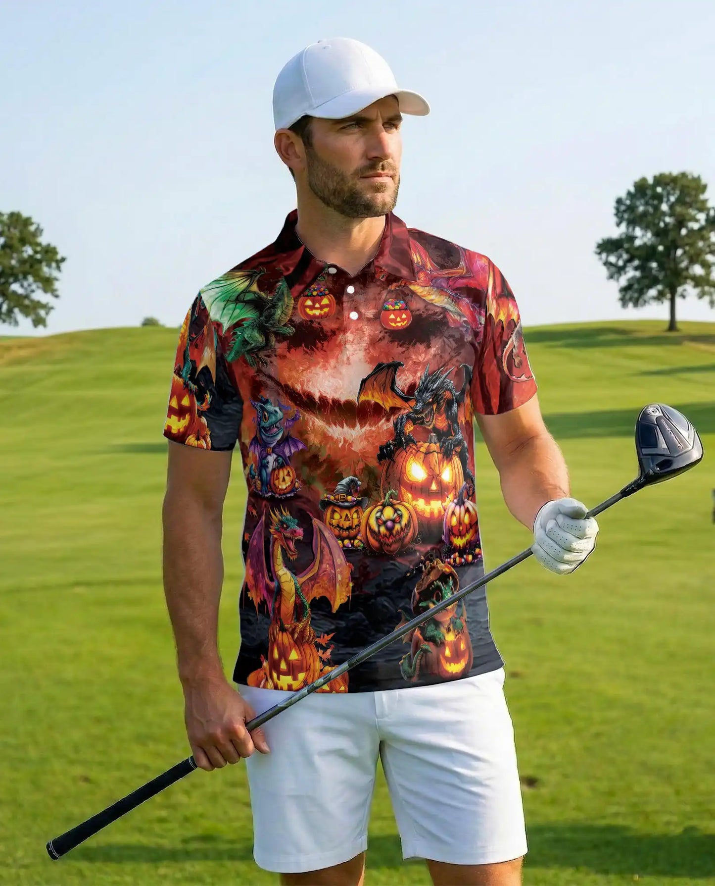 Halloween Dragon Polo Shirt for Men – Spooky Pumpkin Fire Style | Netecom