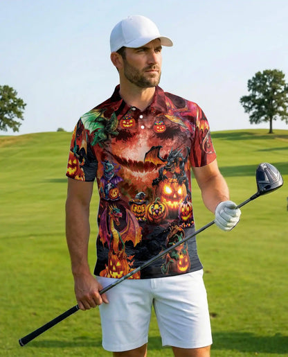 Halloween Dragon Polo Shirt for Men – Spooky Pumpkin Fire Style | Netecom