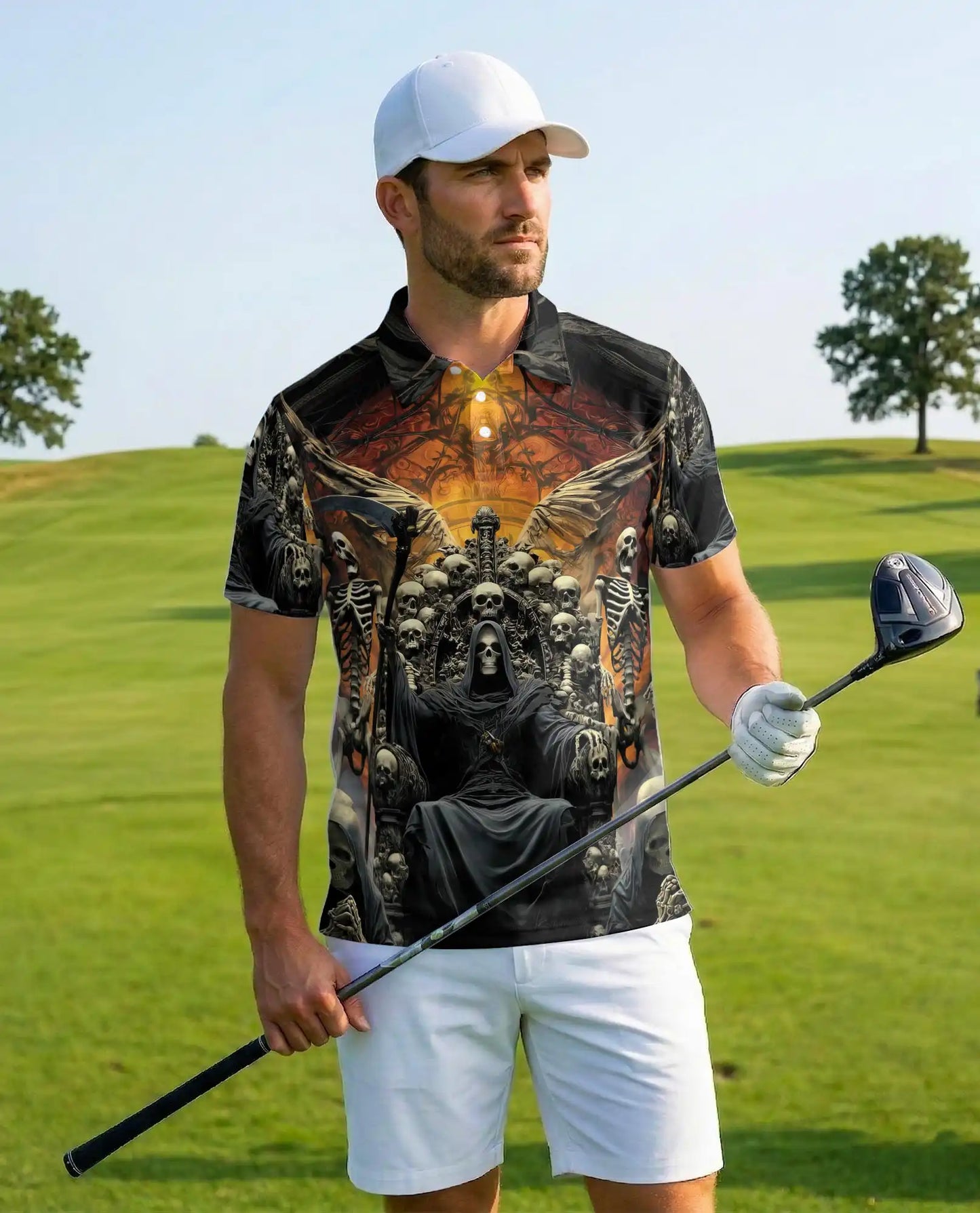Grim Reaper Skull Polo Shirt for Men – Gothic Skeleton Throne | Netecom