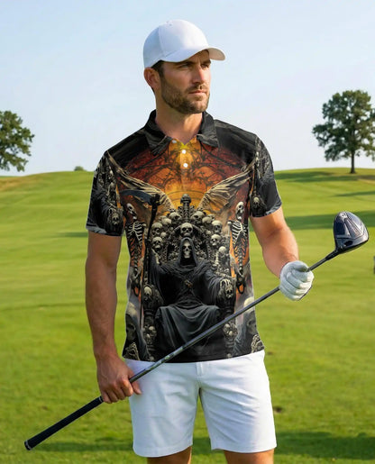 Grim Reaper Skull Polo Shirt for Men – Gothic Skeleton Throne | Netecom