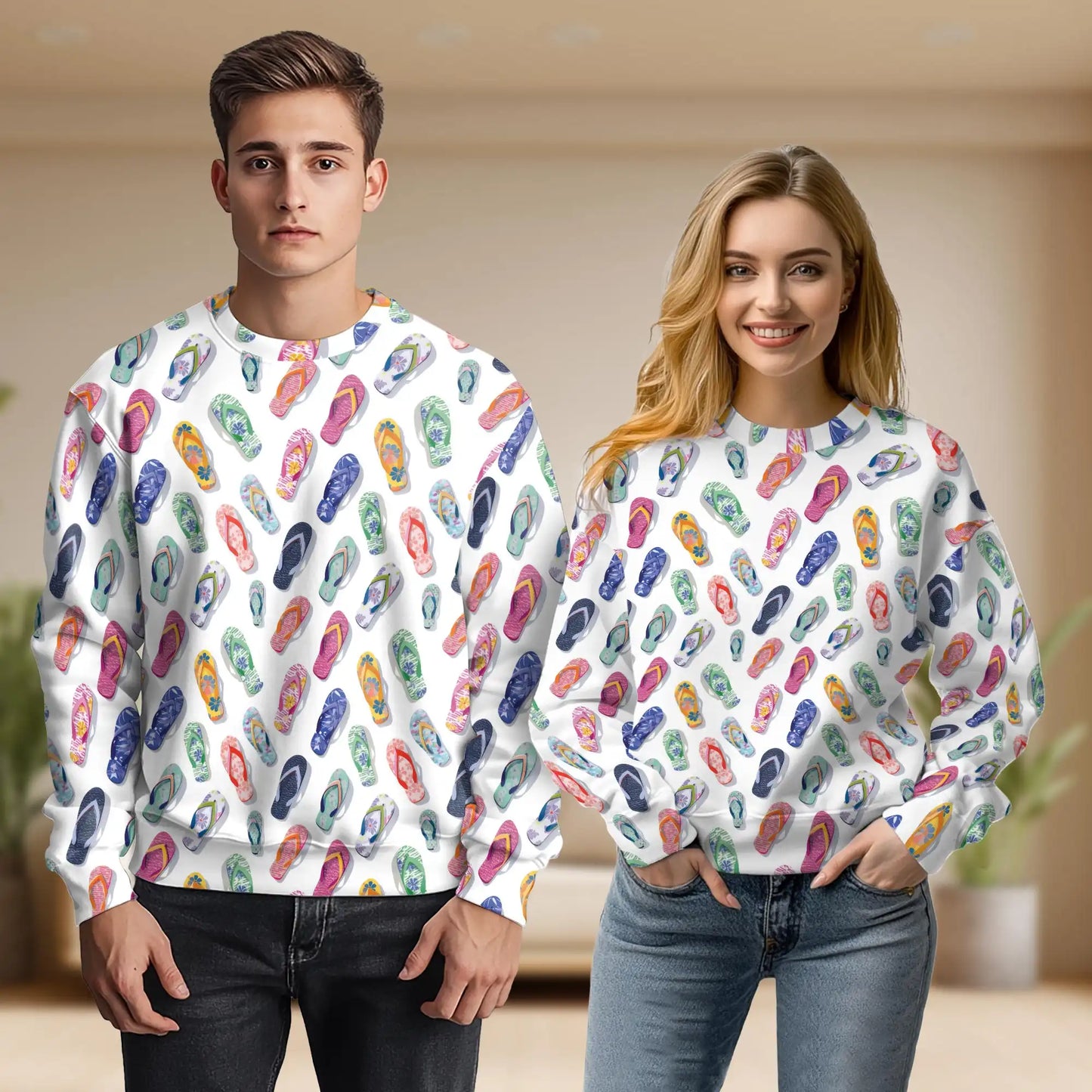 Colorful Flip Flops Sweatshirt, 3D All Over Print Tropical Beach Crewneck Pullover for Men Women, Summer Lover Gift - Netecom