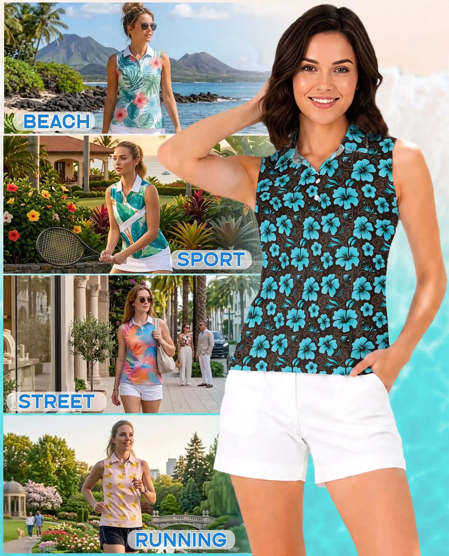Cyan Hibiscus Print Sleeveless Polo Shirt for Women | Netecom