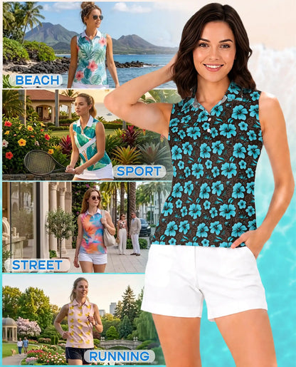 Cyan Hibiscus Print Sleeveless Polo Shirt for Women | Netecom