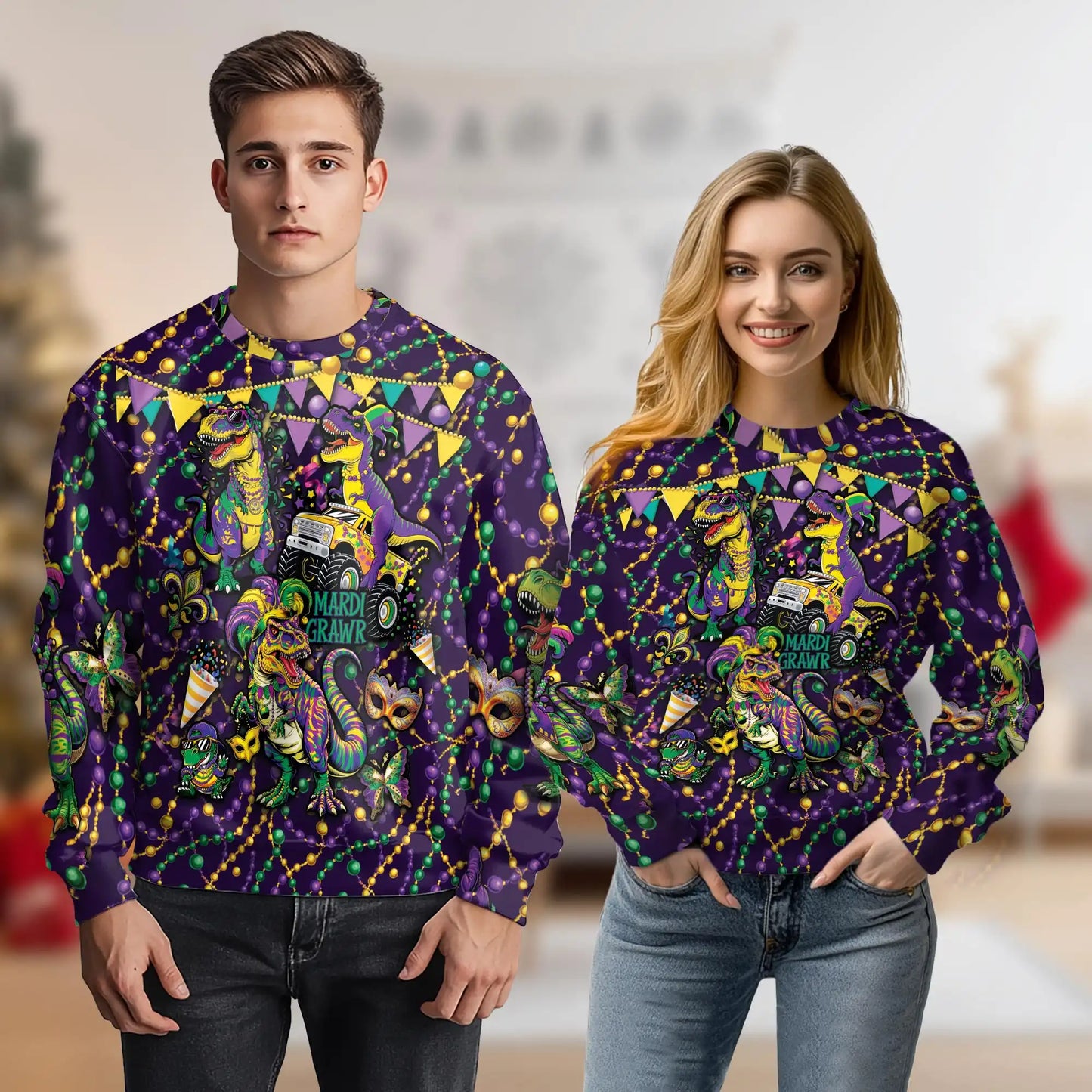 Mardi Grawr Dinosaur Sweatshirt, 3D All Over Print Mardi Gras Dino Crewneck Pullover for Men Women, Dinosaur Lover Gift - Netecom