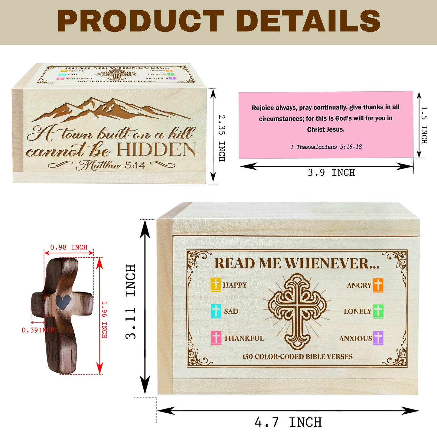 Netecom Personalized Bible Verse Box, Wooden Scripture Box with 150 Color-Coded Verses & Custom Name Prayer Cross – Christian Faith Gift