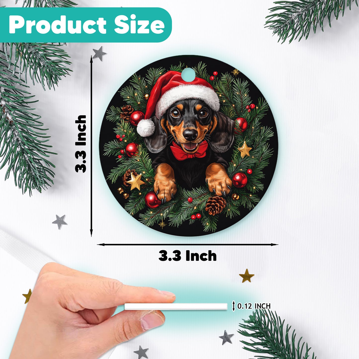 Netecom Funny Dachshund in Santa Hat Christmas Ornament, Wiener Dog Ceramic Ornament for Xmas Tree Hanging Decorations Gift, Dog Lover Gifts, Holiday Party Present