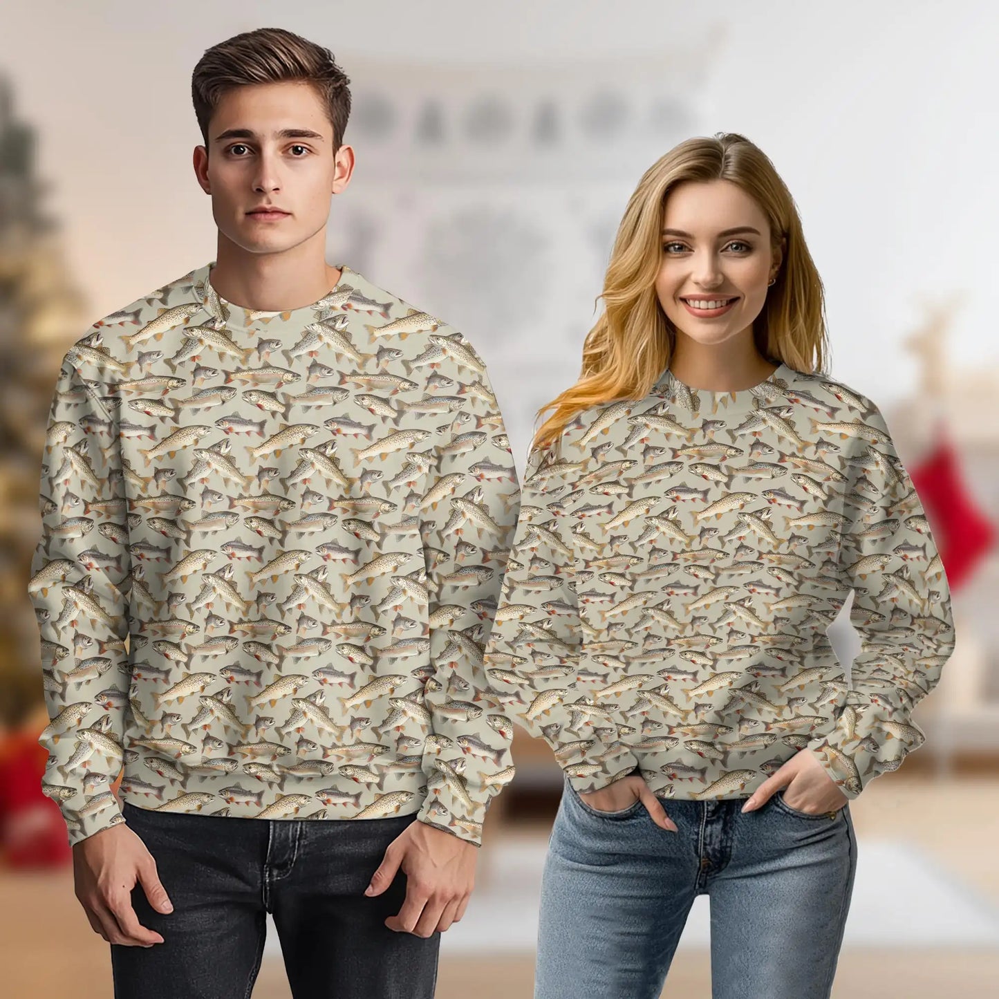 Vintage Trout Fish Pattern Sweatshirt, 3D All Over Print Fly Fishing Crewneck Pullover for Men Women, Trout Fishing Lover Gift - Netecom