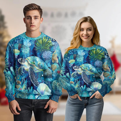 Turtle Coral Sweatshirt, 3D All Over Print Sea Turtle Ocean Reef Crewneck Pullover for Men Women, Turtle Lover Gift - Netecom