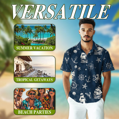 Netecom Tropical Anchor Hawaiian Shirt for Men Women, Sea Animal Button Down Summer Beach Short Sleeve Shirts