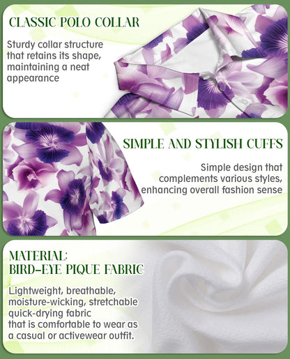 Purple Orchid Floral Polo Shirt for Men-Tropical Flower Botanical Summer | Netecom