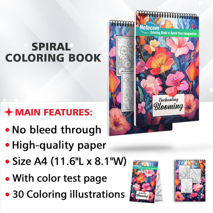 Enchanting Blooming Spiral Bound Coloring Book, Embrace Nature's Beauty with 30 Charming Coloring Pages of Enchanting Flowers